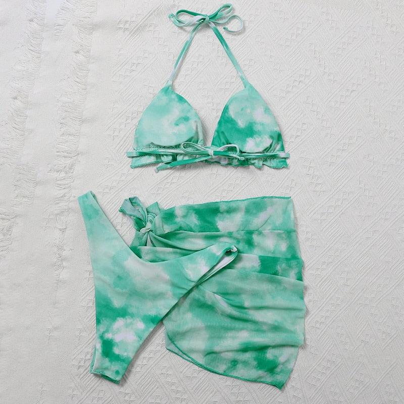 3 Piece Women Bikini Modern Swimsuit Women High Cut  Suit Halter Swimwear Women's Bikini Swimsuits With Wrap Skirt Lace Up Pieces Strings High Cut Bikini Set Bathing Suits Female Triangle Backless Bathing Suit - DEA collection