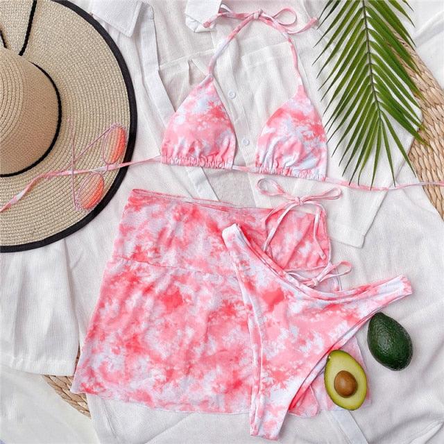 3 Piece Women Bikini Modern Swimsuit Women High Cut  Suit Halter Swimwear Women's Bikini Swimsuits With Wrap Skirt Lace Up Pieces Strings High Cut Bikini Set Bathing Suits Female Triangle Backless Bathing Suit - DEA collection