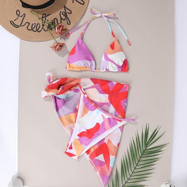 3 Piece Women Bikini Modern Swimsuit Women High Cut  Suit Halter Swimwear Women's Bikini Swimsuits With Wrap Skirt Lace Up Pieces Strings High Cut Bikini Set Bathing Suits Female Triangle Backless Bathing Suit - DEA collection