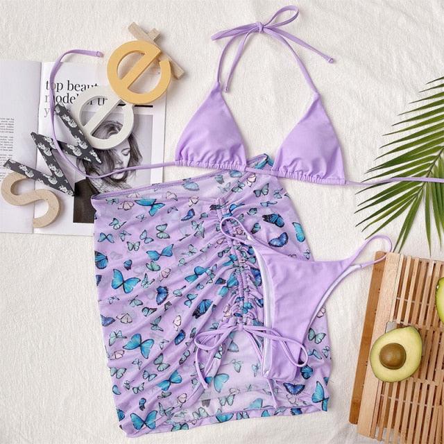 3 Piece Women Bikini Modern Swimsuit Women High Cut  Suit Halter Swimwear Women's Bikini Swimsuits With Wrap Skirt Lace Up Pieces Strings High Cut Bikini Set Bathing Suits Female Triangle Backless Bathing Suit - DEA collection