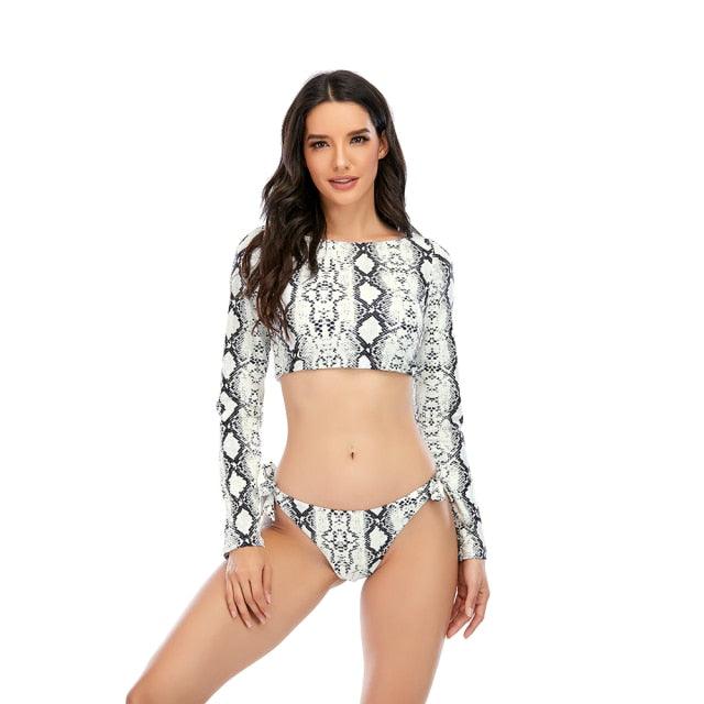 Surfing Swimsuit For Women Bikini Long Sleeve Swimwear Tiger Print Push Up Summer Bath Suit Two Piece Surfing Rash Guard Bikini Long Sleeve Swimsuit Set - DEA collection