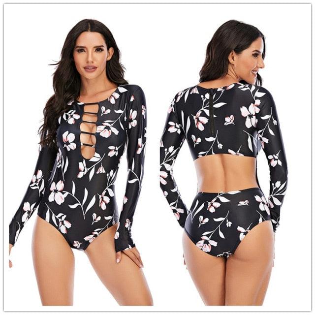 Surfing Swimsuit For Women Bikini Long Sleeve Swimwear Tiger Print Push Up Summer Bath Suit Two Piece Surfing Rash Guard Bikini Long Sleeve Swimsuit Set - DEA collection