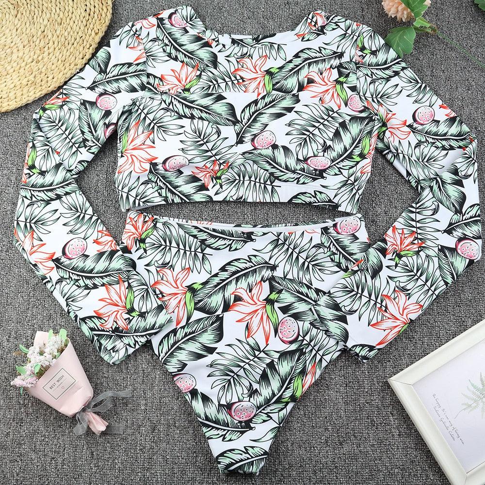 Surfing Swimsuit For Women Bikini Long Sleeve Swimwear Tiger Print Push Up Summer Bath Suit Two Piece Surfing Rash Guard Bikini Long Sleeve Swimsuit Set - DEA collection