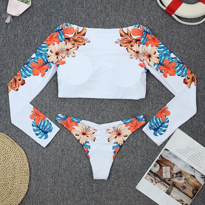 Surfing Swimsuit For Women Bikini Long Sleeve Swimwear Tiger Print Push Up Summer Bath Suit Two Piece Surfing Rash Guard Bikini Long Sleeve Swimsuit Set - DEA collection