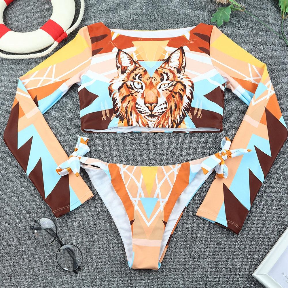 Surfing Swimsuit For Women Bikini Long Sleeve Swimwear Tiger Print Push Up Summer Bath Suit Two Piece Surfing Rash Guard Bikini Long Sleeve Swimsuit Set - DEA collection