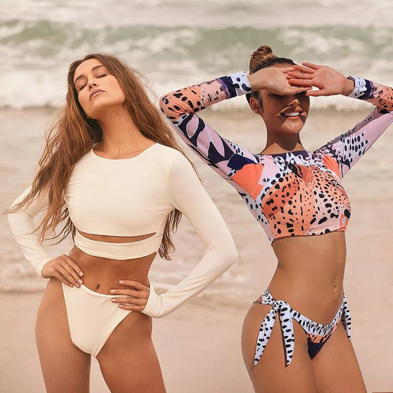 Surfing Swimsuit For Women Bikini Long Sleeve Swimwear Tiger Print Push Up Summer Bath Suit Two Piece Surfing Rash Guard Bikini Long Sleeve Swimsuit Set - DEA collection